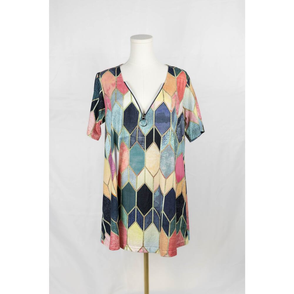 Womens Large Blouse Zipper Neckline Geometric Pattern Blue Yellow